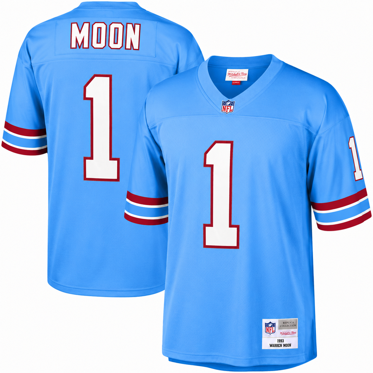 Houston Oilers Warren Moon Mitchell & Ness Light Blue Legacy Replica Jersey for Men product image 1, provided for visual