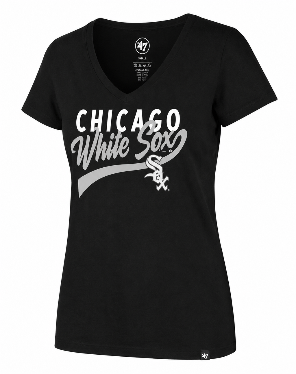 Chicago White Sox '47 Brand Glitter Rush Jet Black Super Rival V-Neck T-Shirt for Women product image 1, provided for visual