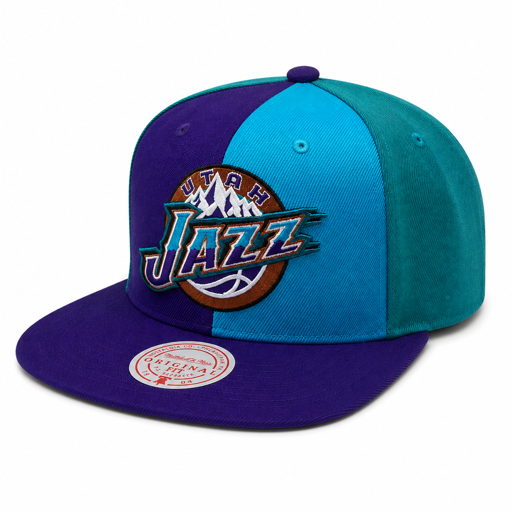 Utah Jazz Mitchell & Ness NBA Pinwheel Snapback Hat for Men product image 1, provided for visual reference and product