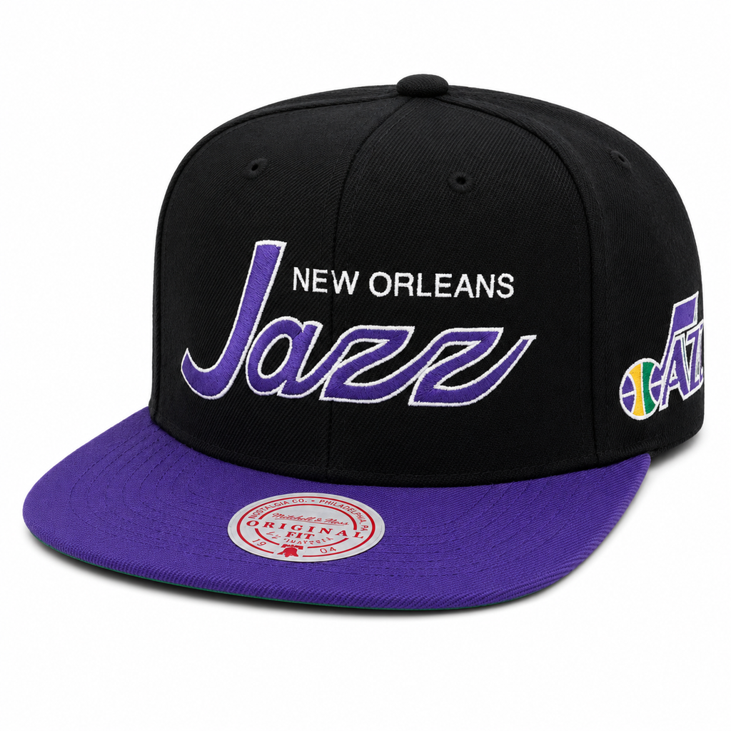 New Orleans Jazz Hardwood Classics Team Script 2.0 2 Tone Black/Purple Mitchell & Ness Snapback Hat product image 1,
