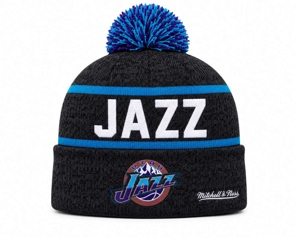 Utah Jazz Mitchell & Ness NBA Reload 2.0 Gray Cuffed Pom Knit Hat product image 1, provided for visual reference and product