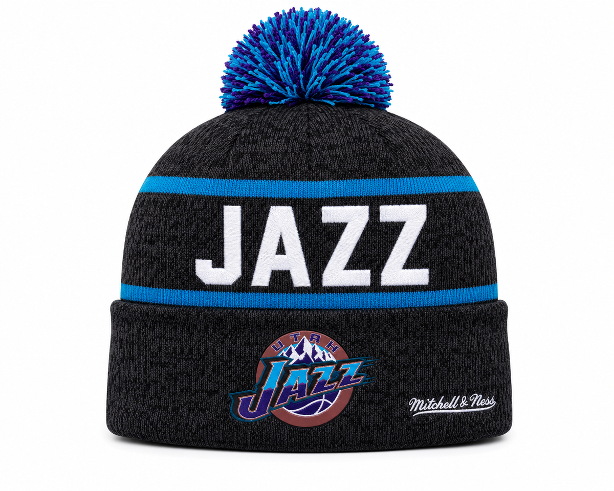 Utah Jazz Mitchell & Ness NBA Reload 2.0 Gray Cuffed Pom Knit Hat product image 1, provided for visual reference and product