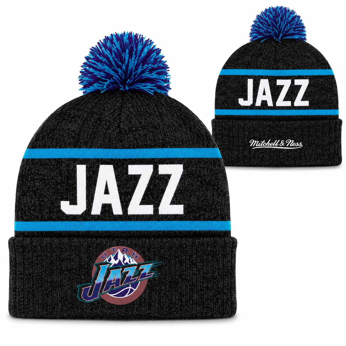 Utah Jazz Mitchell & Ness NBA Reload 2.0 Gray Cuffed Pom Knit Hat product image 2, provided for visual reference and product