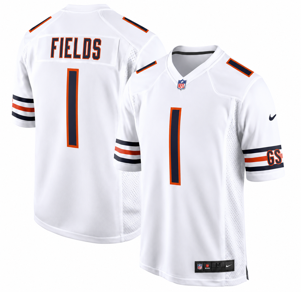 Chicago Bears Justin Fields Mens Nike White Replica Game Jersey product image 1, provided for visual reference and product