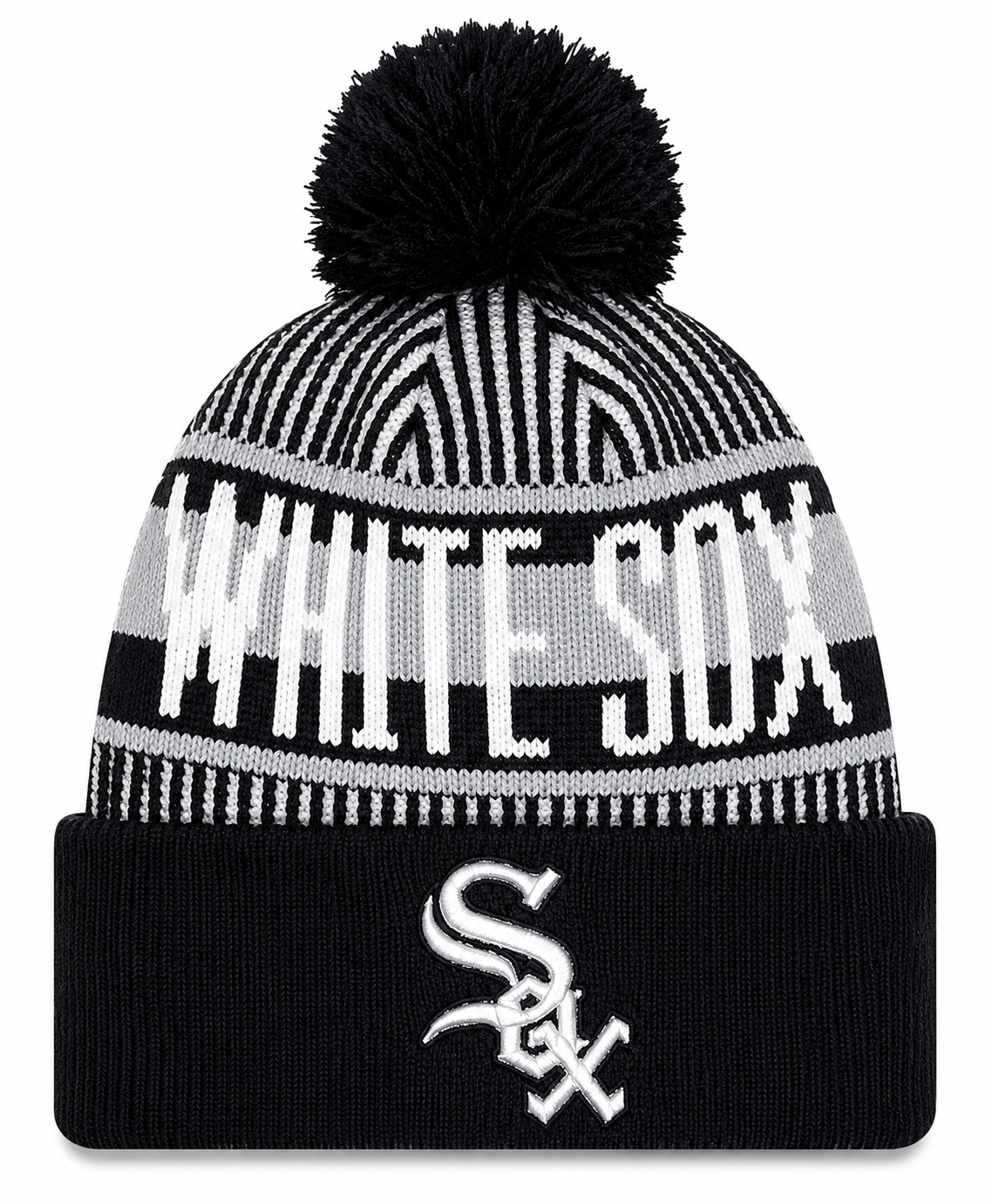 Chicago White Sox New Era Knitstripe Black Cuffed Pom Knit Hat for Men product image 1, provided for visual reference and