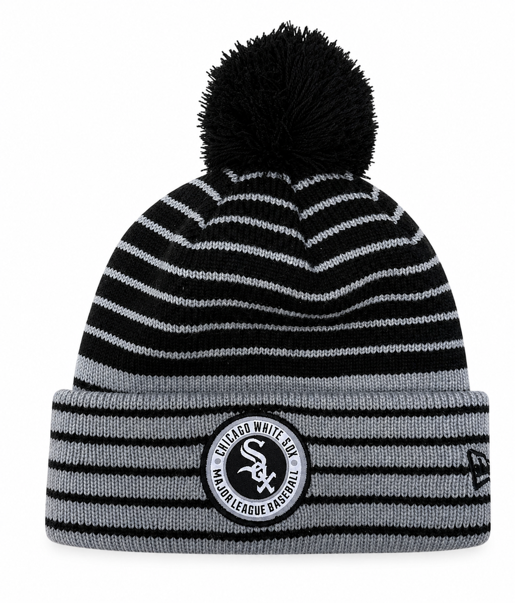 Chicago White Sox New Era Black Patch Cuffed Pom Knit Hat product image 1, provided for visual reference and product detail