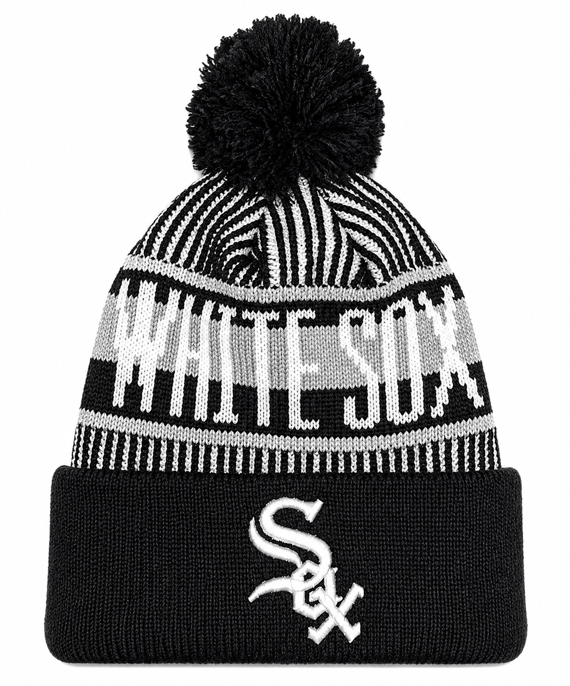 Youth Chicago White Sox New Era Junior Knitstripe Black Cuffed Pom Knit Hat product image 1, provided for visual reference