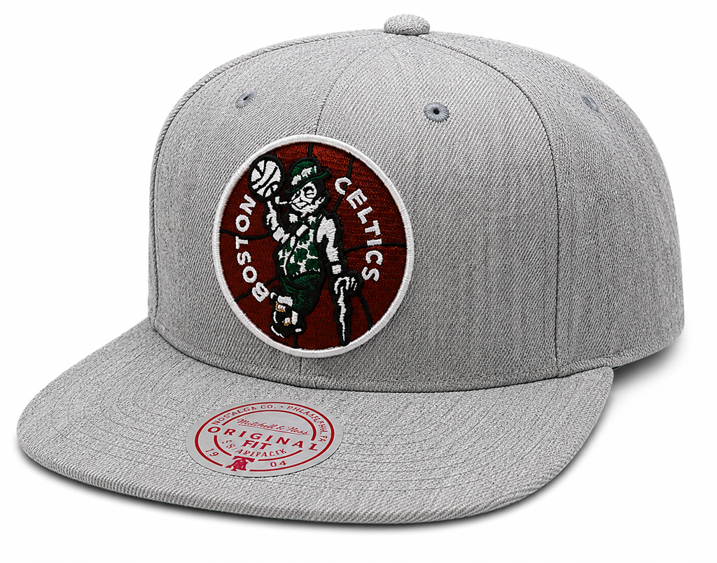 Boston Celtics Team Gray Heathered HWC 2.0 Mitchell & Ness Snapback Hat product image 1, provided for visual reference and