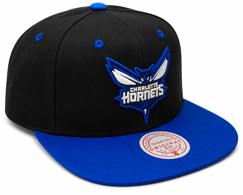 Charlotte Hornets Mitchell & Ness NBA Black Royality Snapback Hat for Men product image 1, provided for visual reference and