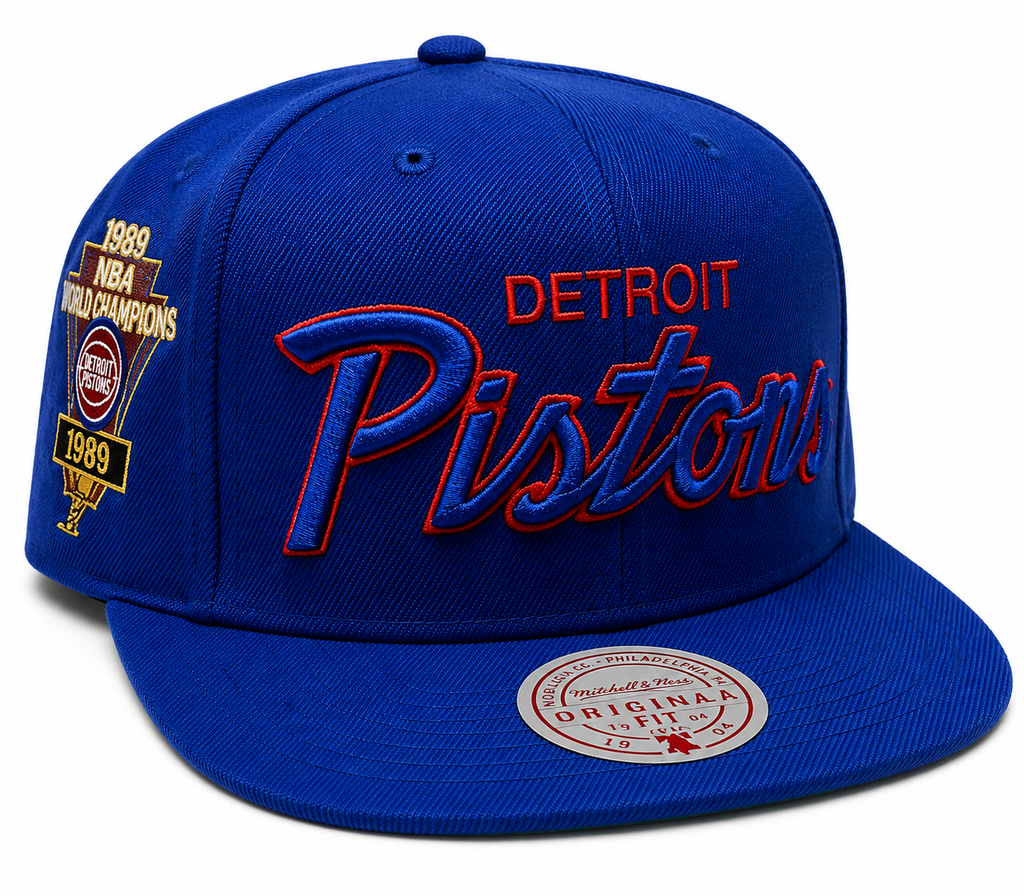 Detroit Pistons Hardwood Classics Mitchell & Ness Script Champ Year Trophy Royal Snapback Hat for Men product image 1,