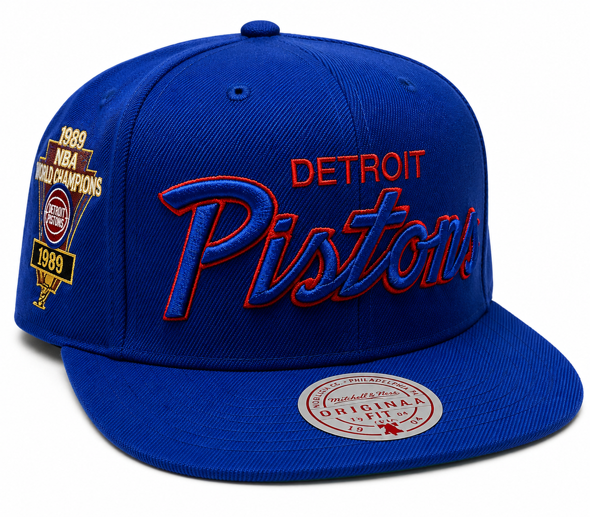 Detroit Pistons Hardwood Classics Mitchell & Ness Script Champ Year Trophy Royal Snapback Hat for Men product image 1,