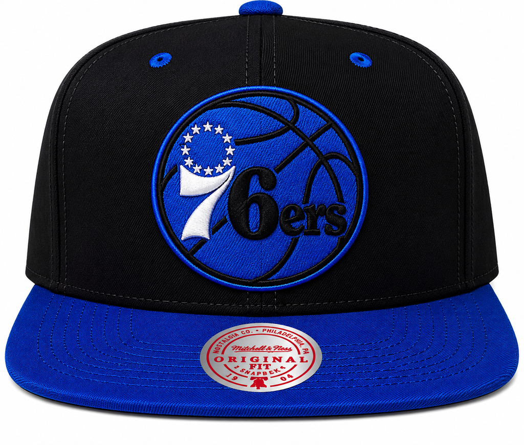 Philadelphia 76ers NBA Black Royality Mitchell & Ness Snapback Hat for Men product image 2, provided for visual reference