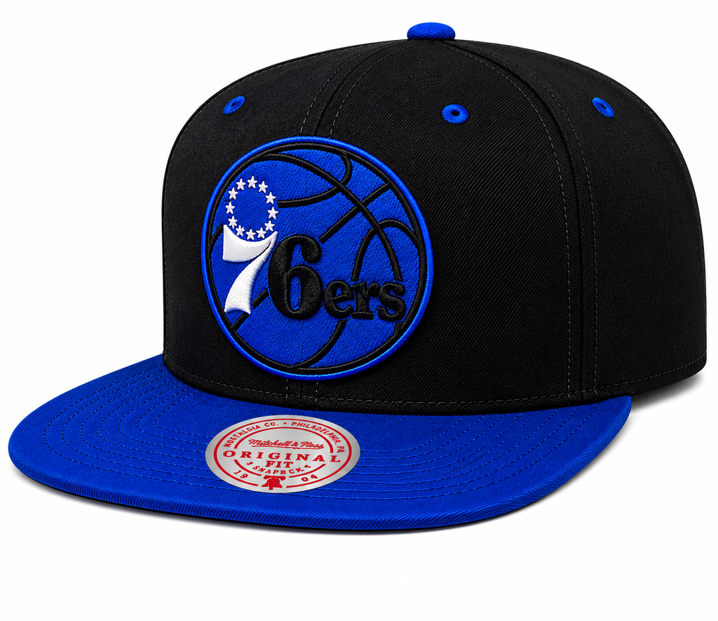 Philadelphia 76ers NBA Black Royality Mitchell & Ness Snapback Hat for Men product image 1, provided for visual reference
