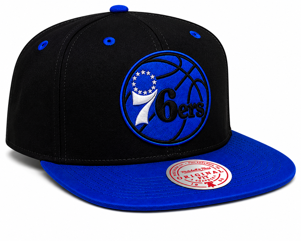 Philadelphia 76ers NBA Black Royality Mitchell & Ness Snapback Hat for Men product image 3, provided for visual reference