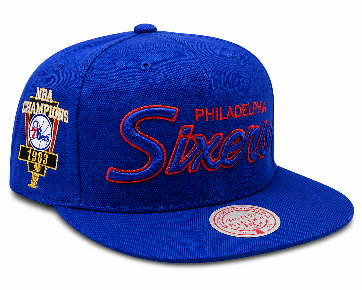 Philadelphia 76ers Mitchell & Ness Royal Script Hardwood Classics Champ Year Trophy Snapback Hat for Men product image 1,