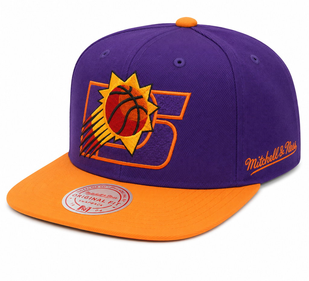 Phoenix Suns NBA Rear Script Deadstock Mitchell & Ness Snapback Hat product image 1, provided for visual reference and
