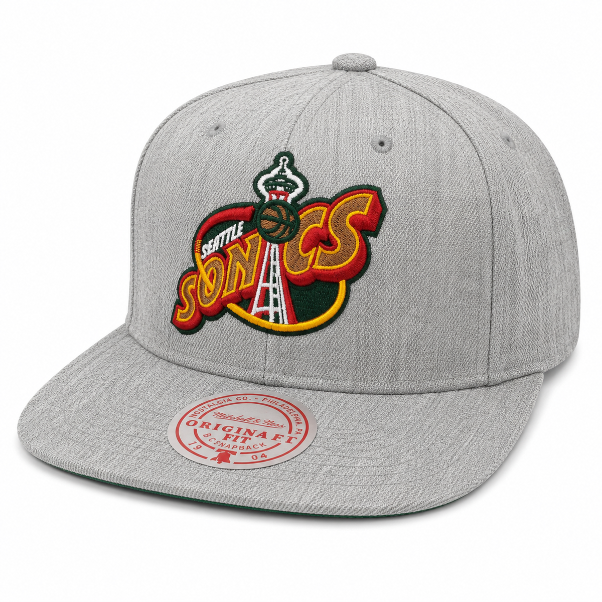 Seattle Sonics Team Gray Heathered HWC 2.0 Mitchell & Ness Snapback Hat product image 1, provided for visual reference and