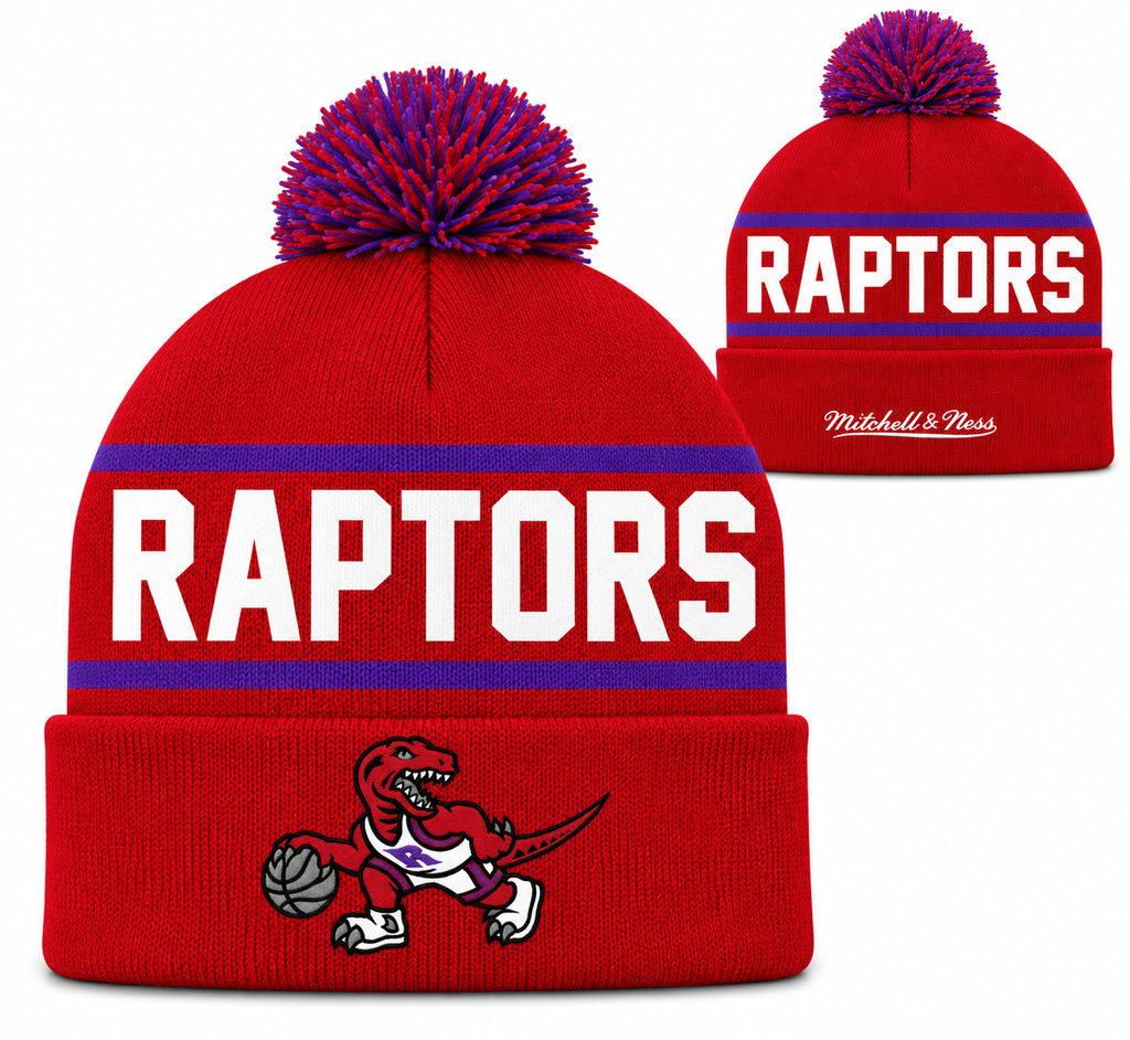 Toronto Raptors Mitchell & Ness NBA Reload 2.0 Red Cuffed Pom Knit Hat product image 1, provided for visual reference and