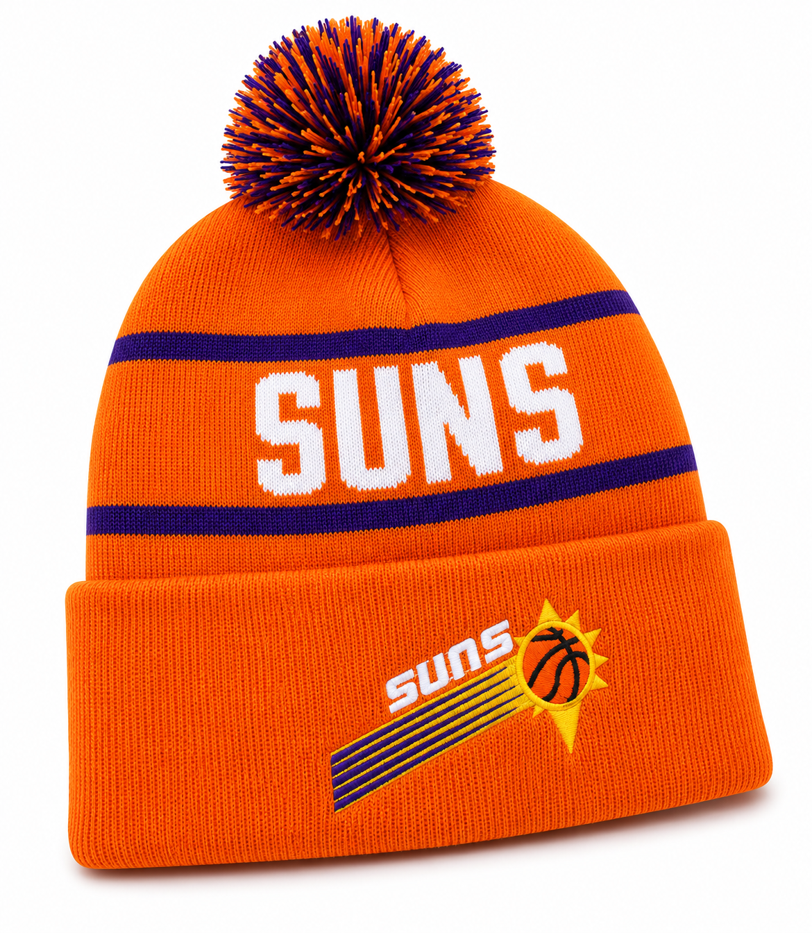 Phoenix Suns Mitchell & Ness NBA Reload 2.0 Orange Cuffed Pom Knit Hat product image 1, provided for visual reference and