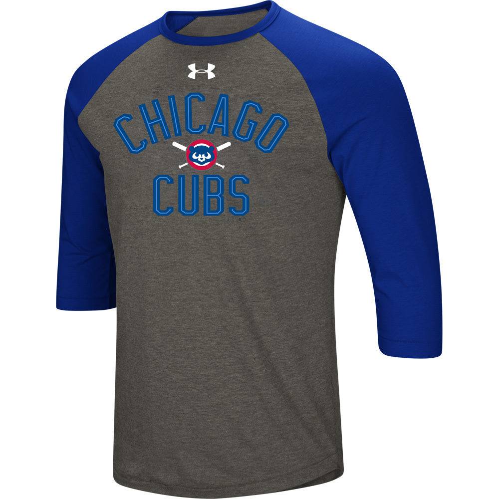 Chicago Cubs Under Armour Heathered Gray/Light Blue Tri-Blend Cooperstown Crossed Bats 3/4-Sleeve Raglan Performance T-Shirt