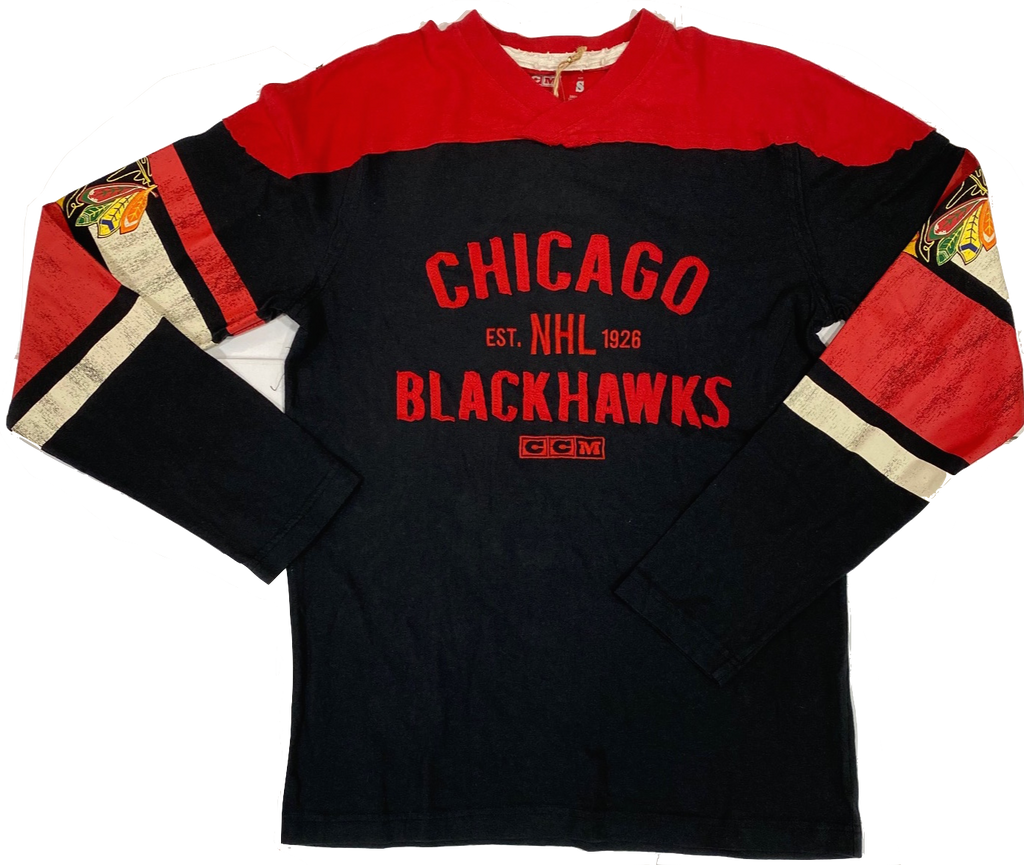 Chicago Blackhawks L/S Applique Crew Neck T-Shirt-Black product image 1, provided for visual reference and product detail