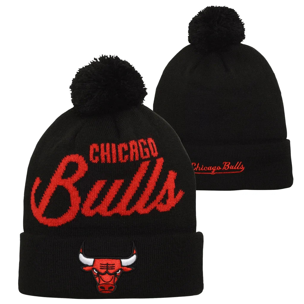 Youth Chicago Bulls NBA Black Retro Script Cuffed Pom Knit Hat product image 1, provided for visual reference and product