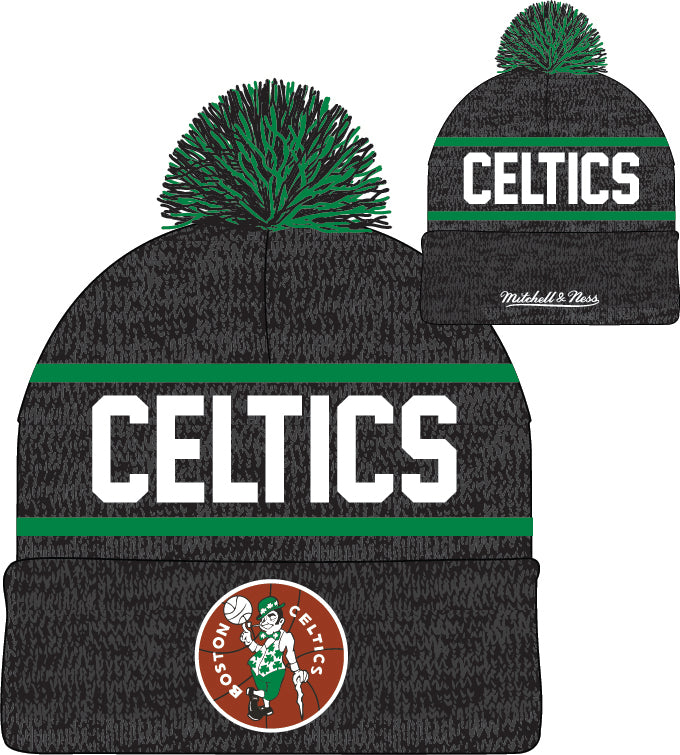 Boston Celtics Mitchell & Ness NBA Reload 2.0 Gray Cuffed Pom Knit Hat product image 1, provided for visual reference and