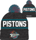 Detroit Pistons Mitchell & Ness NBA Reload 2.0 Gray Cuffed Pom Knit Hat product image 1, provided for visual reference and