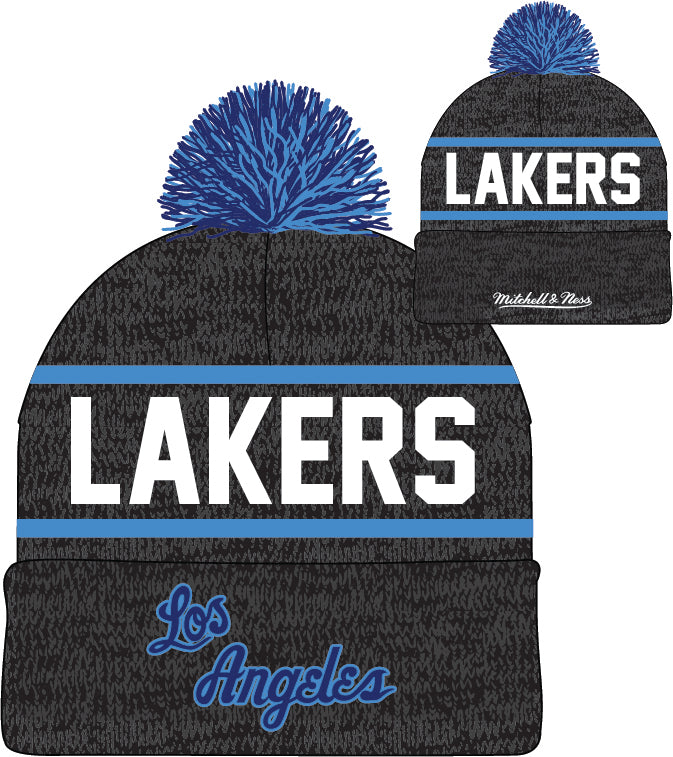 Los Angeles Lakers Mitchell & Ness NBA Reload 2.0 Gray Cuffed Pom Knit Hat product image 2, provided for visual reference