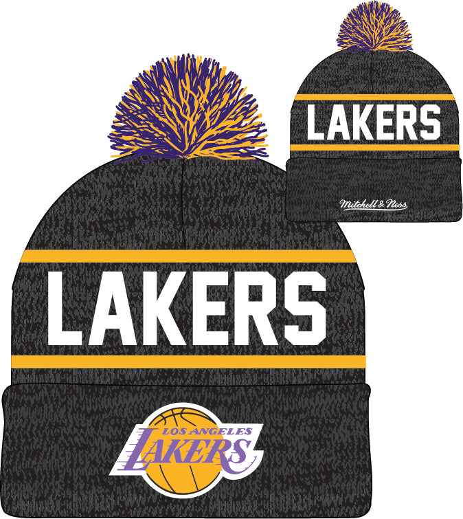 Los Angeles Lakers Mitchell & Ness NBA Reload 2.0 Gray Cuffed Pom Knit Hat product image 2, provided for visual reference