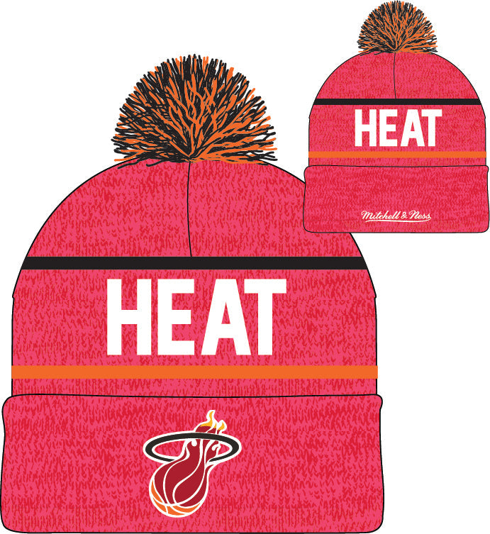 Miami Heat Mitchell & Ness NBA Reload 2.0 Pink Cuffed Pom Knit Hat product image 2, provided for visual reference and