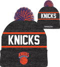 New York Knicks Mitchell & Ness NBA Reload 2.0 Gray Cuffed Pom Knit Hat product image 1, provided for visual reference and