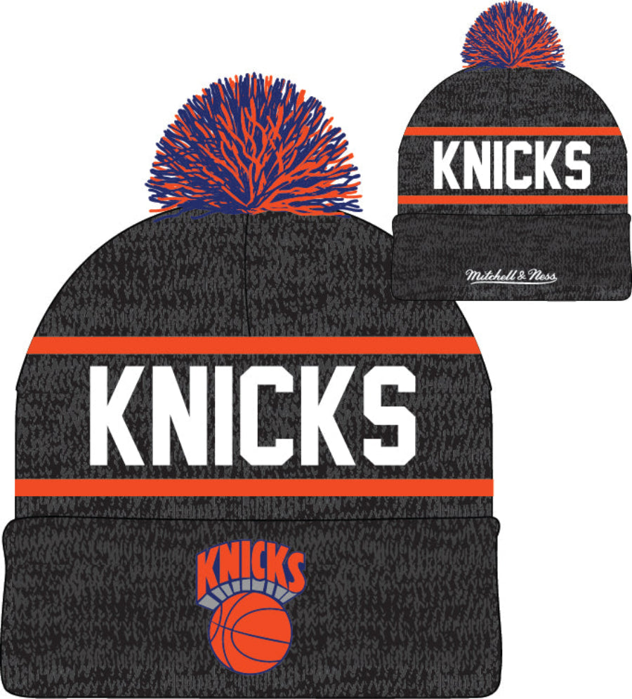 New York Knicks Mitchell & Ness NBA Reload 2.0 Gray Cuffed Pom Knit Hat product image 1, provided for visual reference and