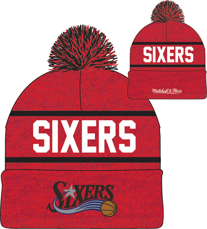 Philadelphia 76ers Mitchell & Ness NBA Reload 2.0 Red Cuffed Pom Knit Hat product image 2, provided for visual reference and