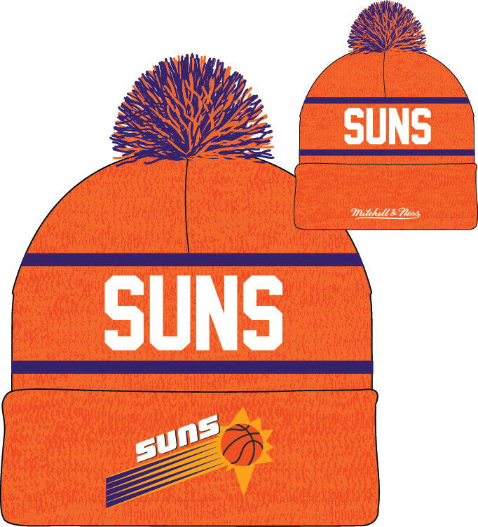 Phoenix Suns Mitchell & Ness NBA Reload 2.0 Orange Cuffed Pom Knit Hat product image 2, provided for visual reference and