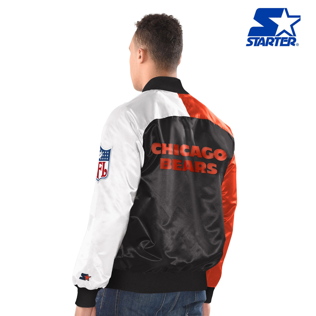 Chicago Bears 1946 Logo Navy/Orange Varsity Starter Satin Jacket for Men product image 2, provided for visual reference and