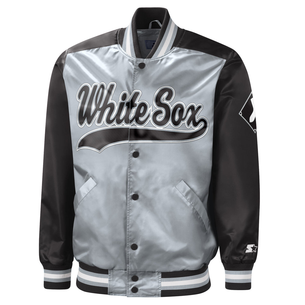 Chicago White Sox Silver and Black Button Down Starter Varsity Jacket for Men product image 1, provided for visual reference