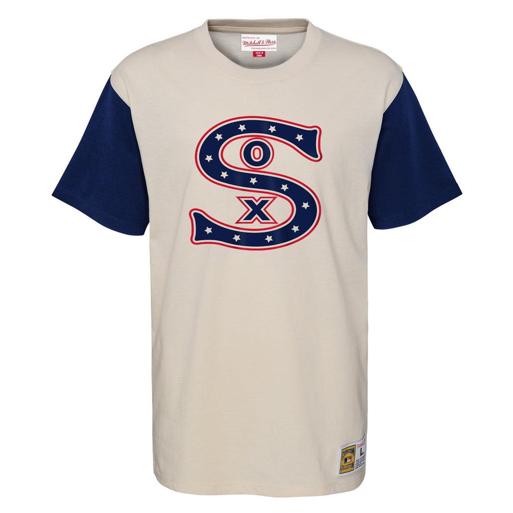 Youth Chicago White Sox Mitchell and Ness Cream/Navy Colorblock T-Shirt product image 2, provided for visual reference and