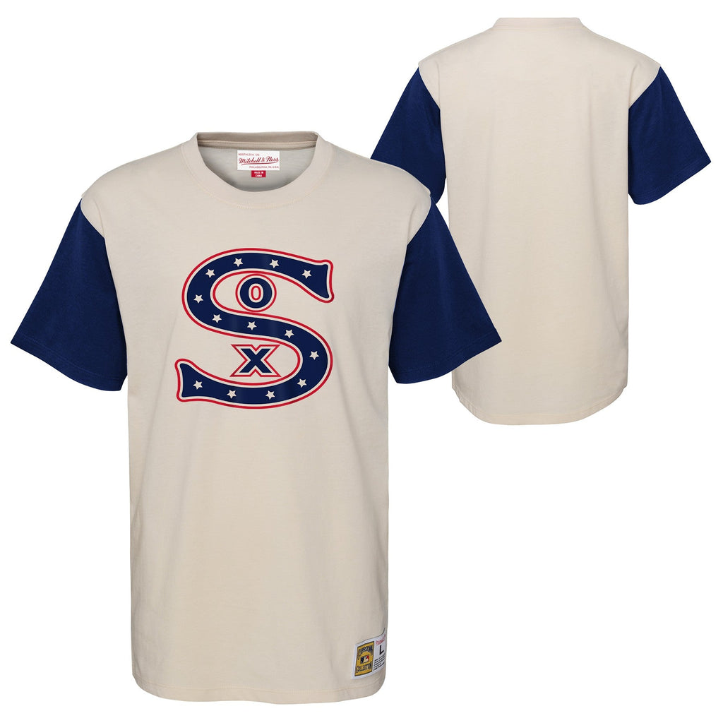Youth Chicago White Sox Mitchell and Ness Cream/Navy Colorblock T-Shirt product image 1, provided for visual reference and