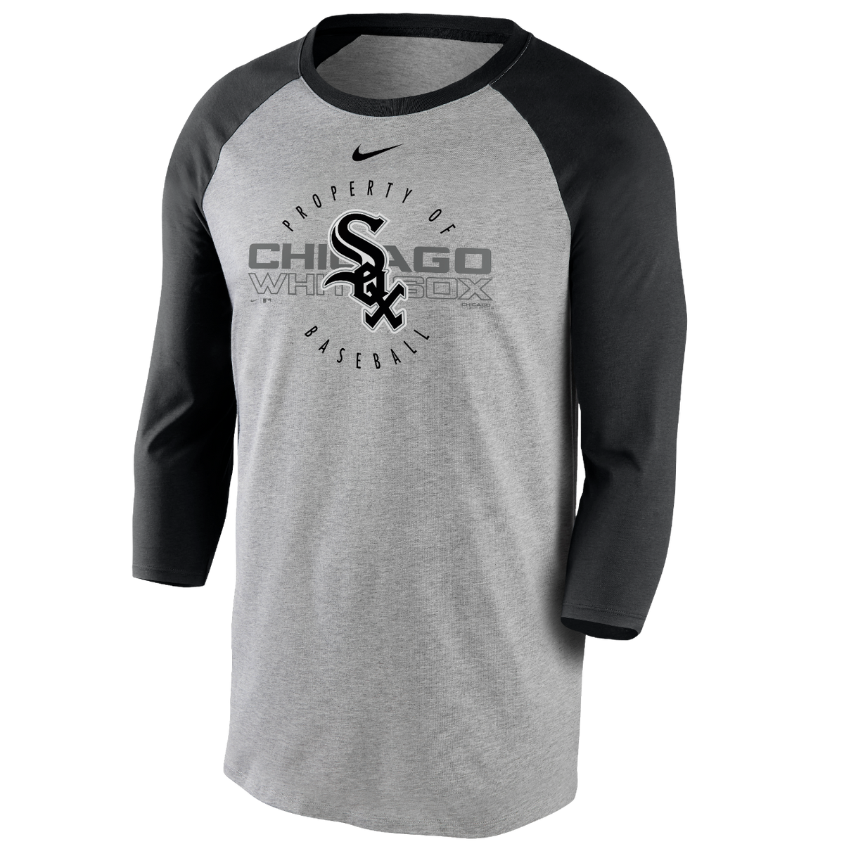 Chicago White Sox Nike Gray/Black Property Of Tri-Blend Raglan 3/4 Sleeve T-Shirt for Men product image 2, provided for