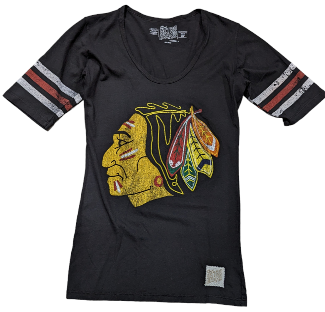 Chicago Blackhawks 1961 Logo Mid Sleeve with Stripes T-Shirt-Black for Women product image 1, provided for visual reference