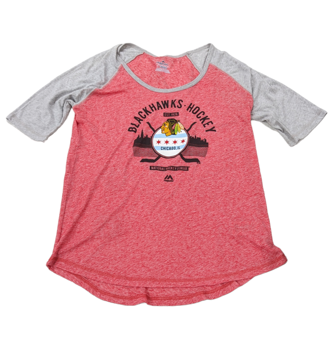 Chicago Blackhawks Majestic Heather Red City Love Henley T-Shirt for Women product image 1, provided for visual reference