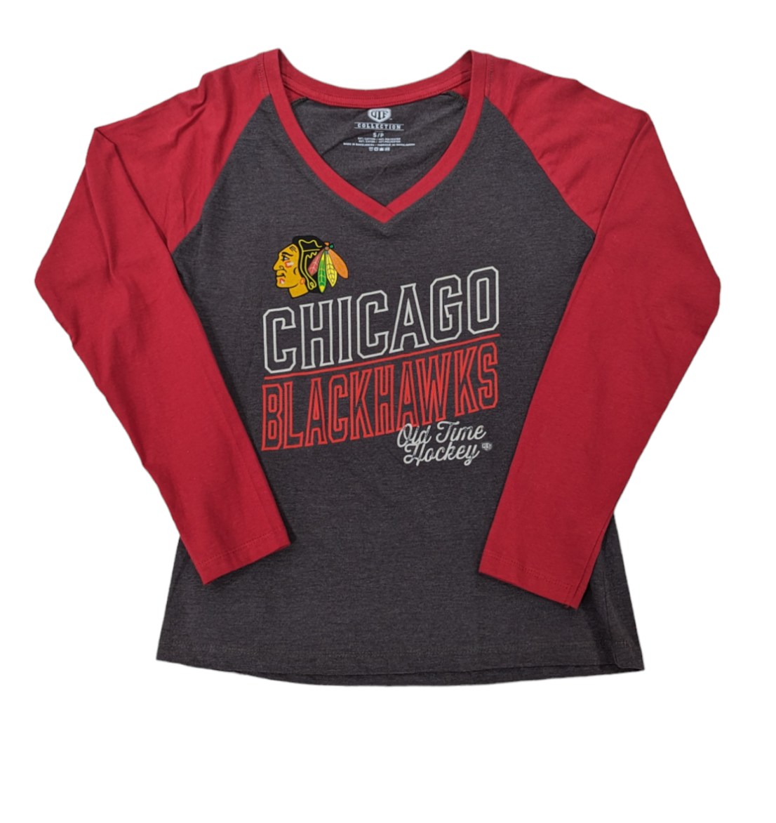 Chicago Blackhawks Old Time Hockey Gray/Red Patricia Long Sleeve T-Shirt for Women product image 1, provided for visual