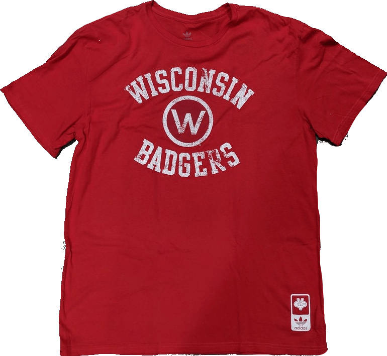 NCAA Mens adidas Wisconsin Badgers Red Gym Class T-Shirt product image 1, provided for visual reference and product detail