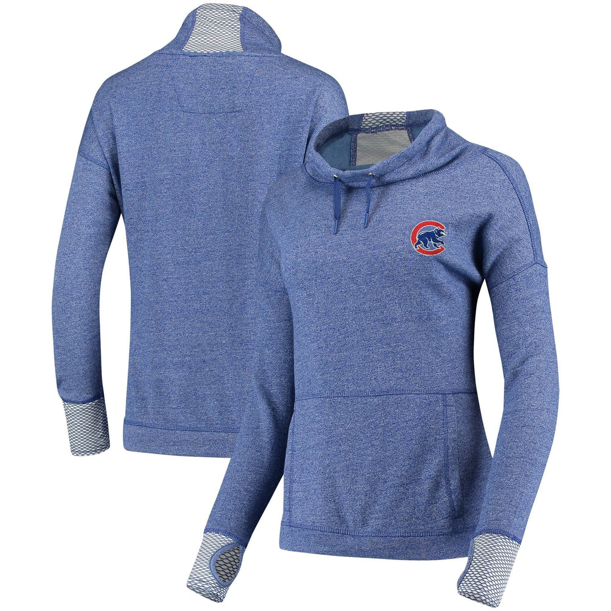 Chicago Cubs Antigua Women Snap Cowl Neck Pullover Sweatshirt - Heathered Royal product image 1, provided for visual