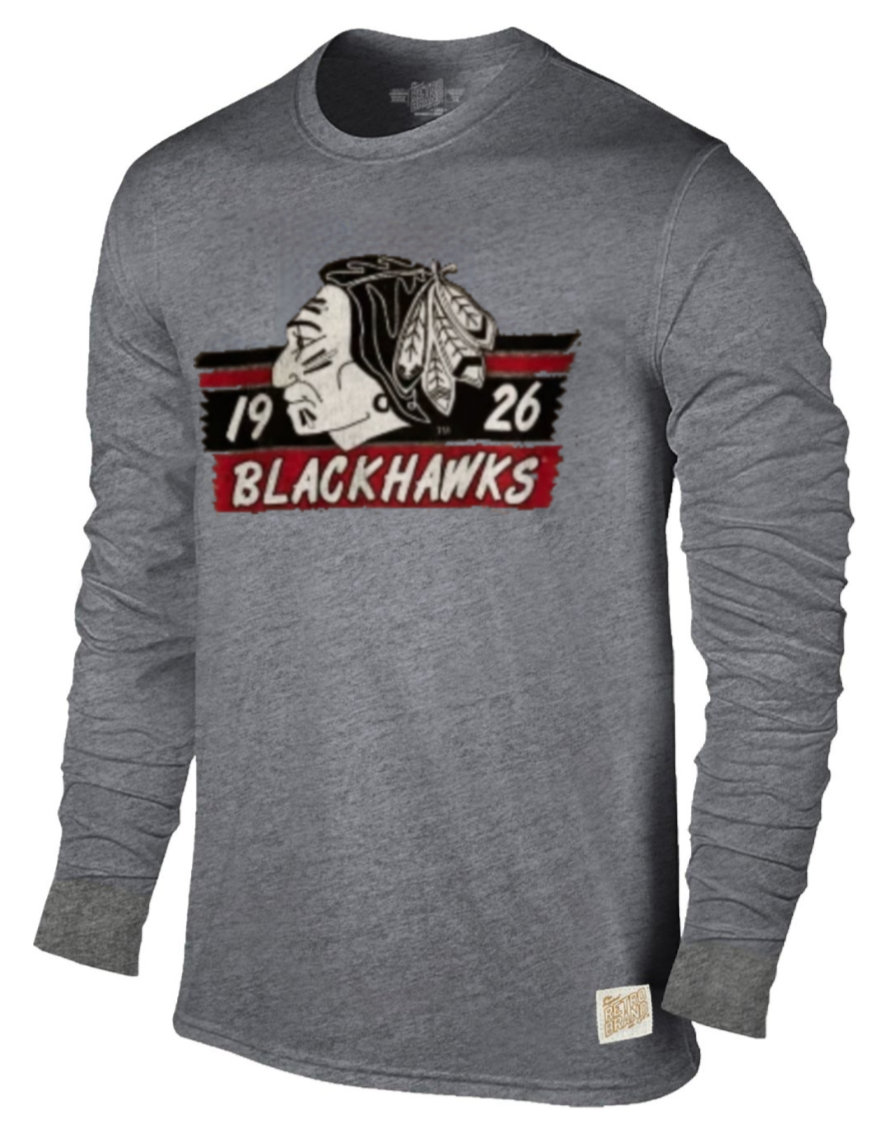 Mens Chicago Blackhawks Vintage Logo Gray Textured Tri Blend Long Sleeve T-Shirt product image 1, provided for visual