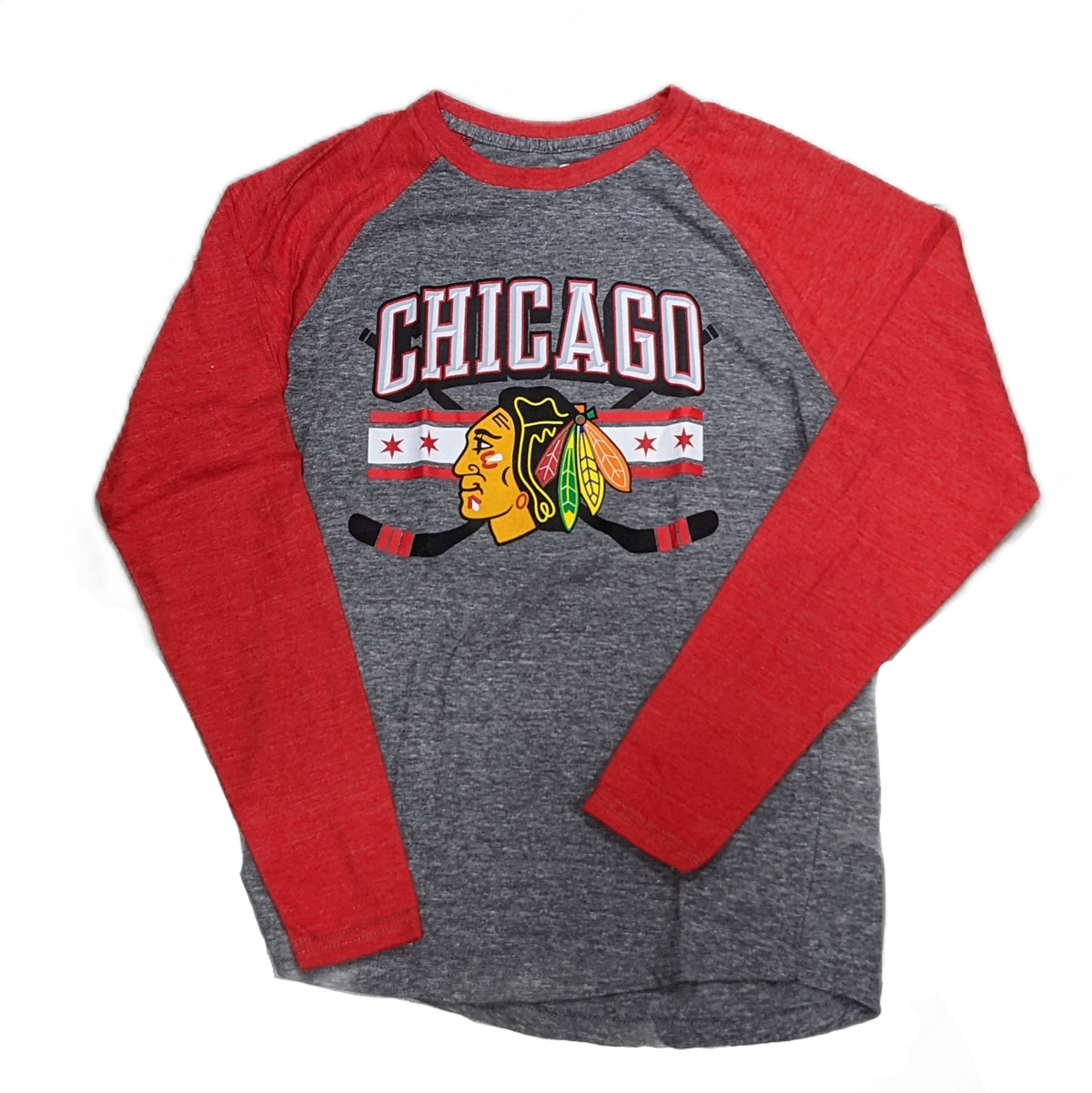 Chicago Blackhawks Stars and Sticks Gray/Red Raglan Tri-Blend Long Sleeve T-Shirt for Men product image 1, provided for
