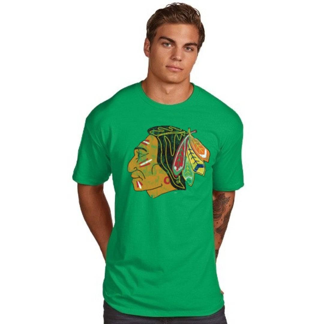 NHL Chicago Blackhawks Kelly Green St. Patrick's Day Vintage Logo Superior Stripe T-Shirt for Men product image 1, provided