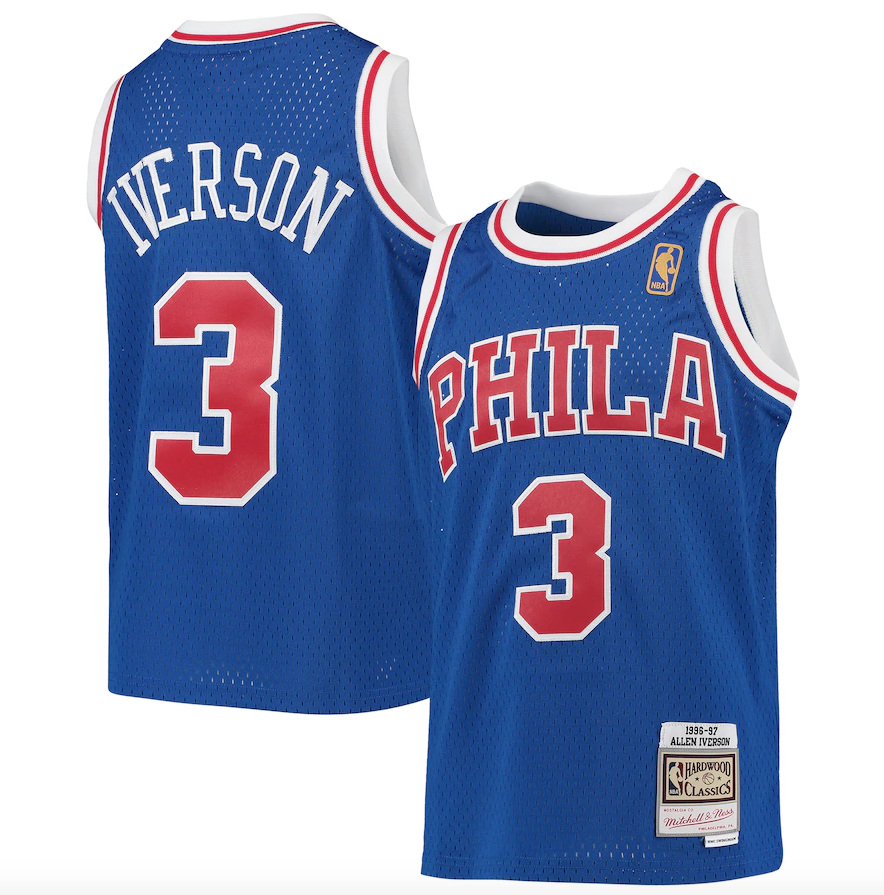 Youth Mitchell & Ness Allen Iverson Royal Blue 1996-97 Hardwood Classics Swingman Throwback Jersey product image 1, provided
