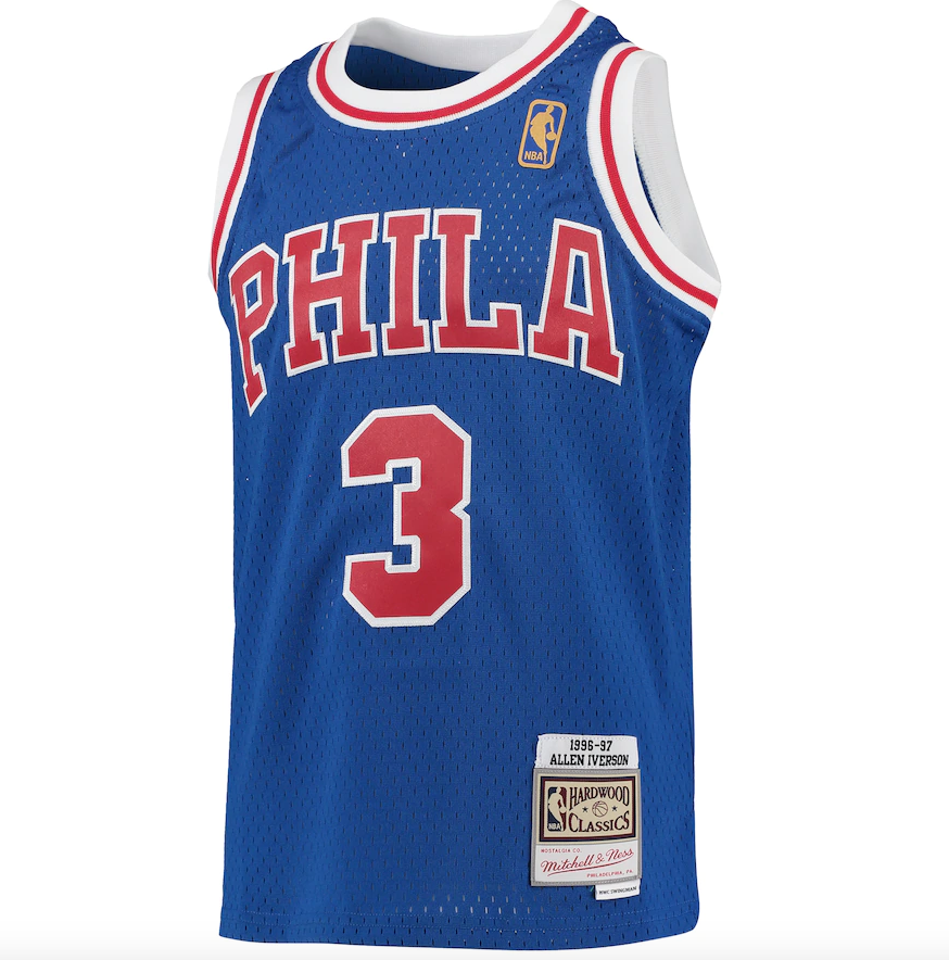 Youth Mitchell & Ness Allen Iverson Royal Blue 1996-97 Hardwood Classics Swingman Throwback Jersey product image 2, provided